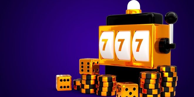 A vibrant illustration featuring a slot machine with the jackpot number 777 displayed, surrounded by dice and casino chips, set against a deep purple background.