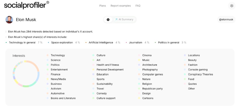 A screenshot of Elon Musk’s social media report, generated by Socialprofiler