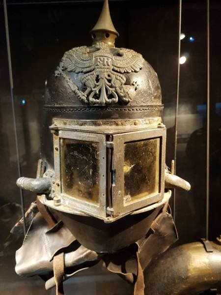 A WWI flamethrower operator's helmet