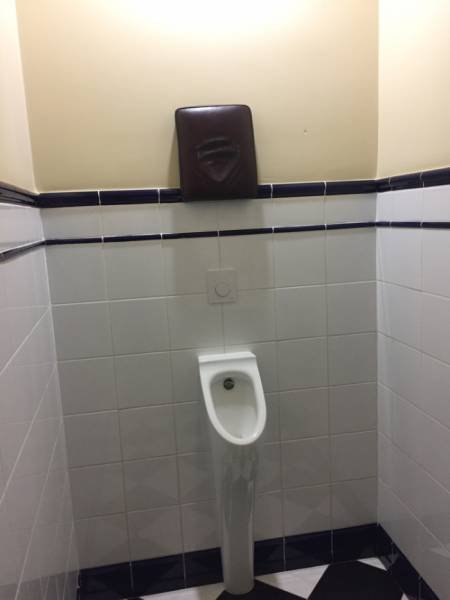 A padded object mounted above a urinal