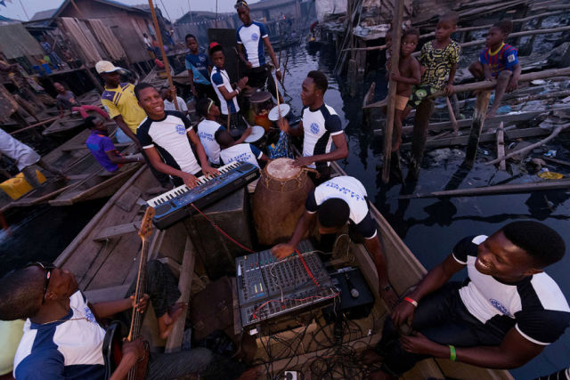 Live music drifting down the Makoko lagoon