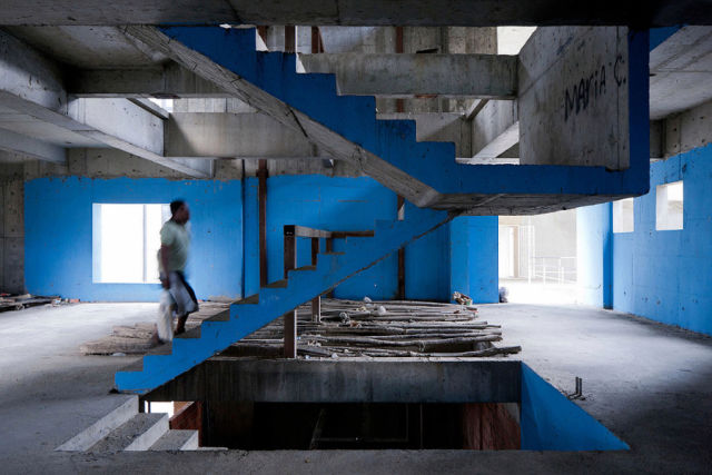 A painted stairwell inside the Torre David