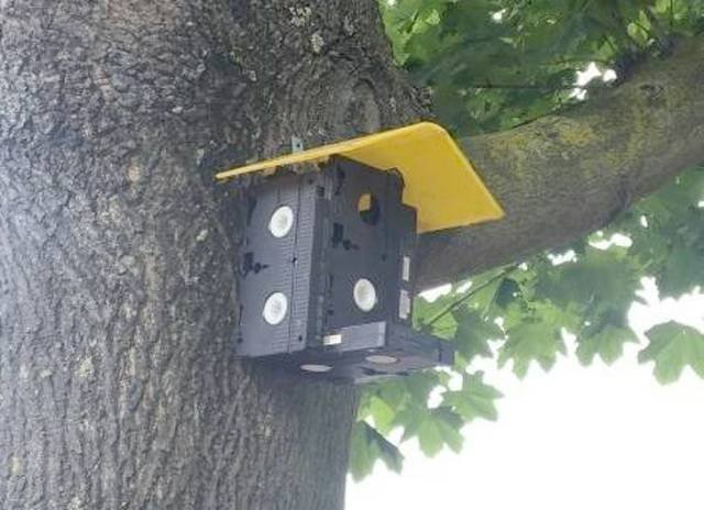 A birdhouse made from recycled material